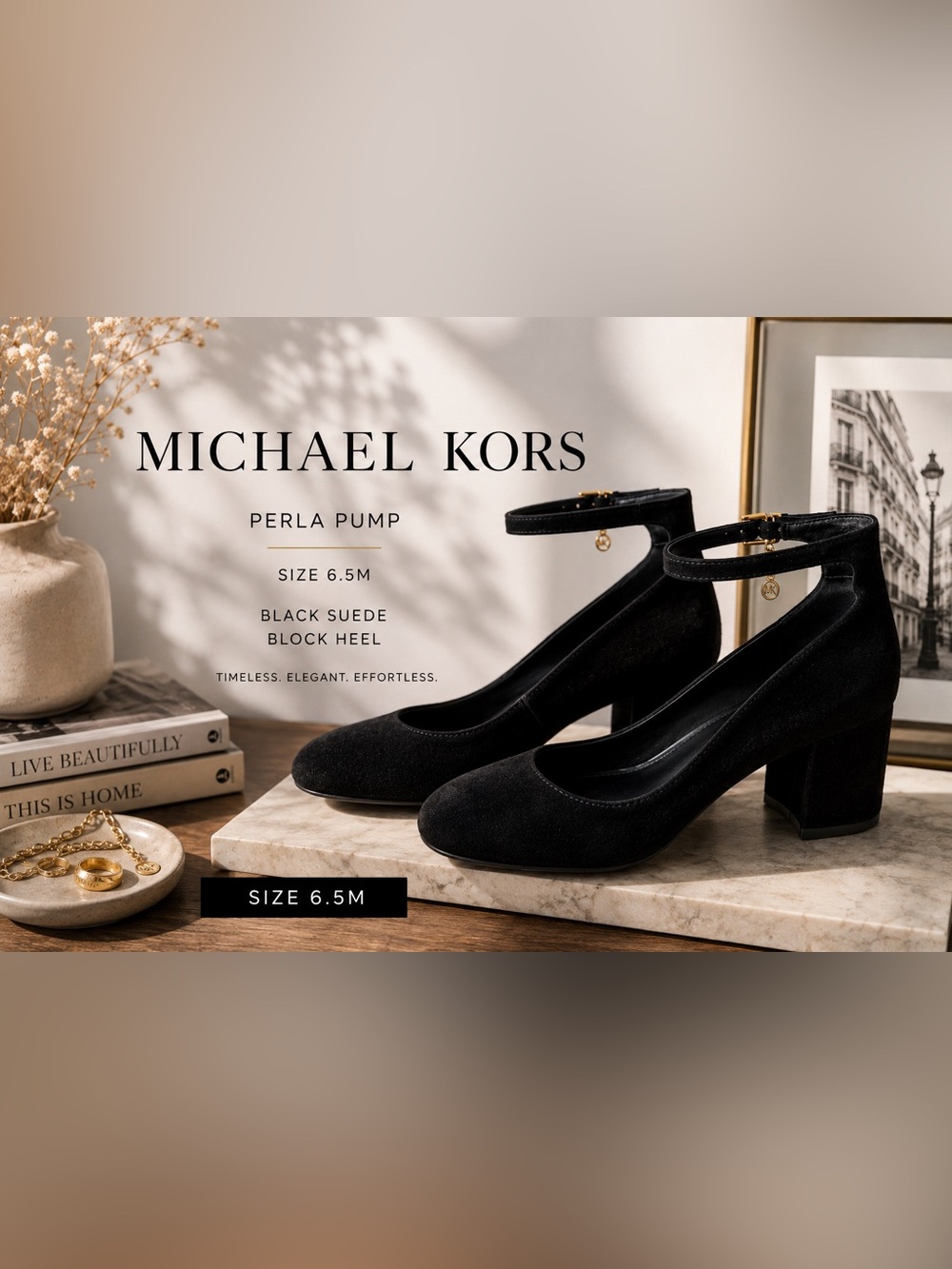 Michael Kors Perla Black Suede Block Heel Ankle Strap Pumps Size 6.5 M EUC